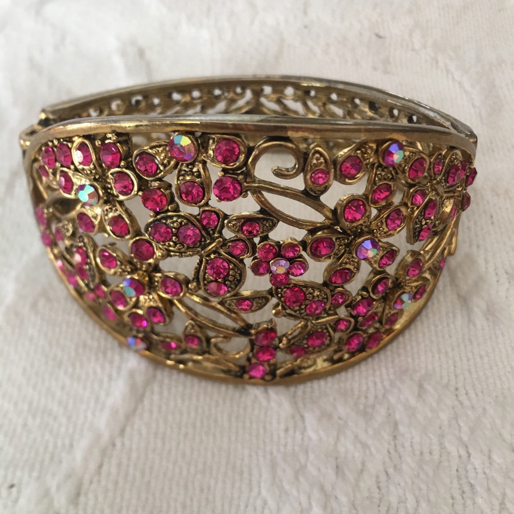 Vintage Gold Tone Cuff Bracelet with Pink Crystals, New